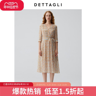 复古时尚 Dettagli 迪塔莉秋季 新款 印花收腰连衣裙茶歇裙女