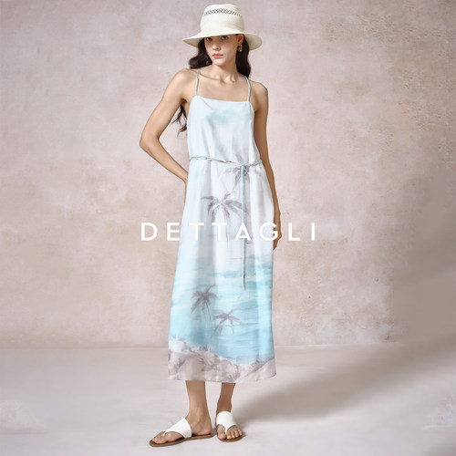 Dettagli/迪塔莉混色亚麻海岛定位印花薄款度假老钱风吊带裙长裙