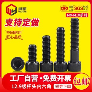 12.9级内六角螺丝M8M10高强度螺杆圆柱头螺钉黑色杯头6角加长螺栓