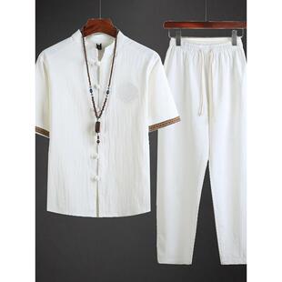 汉代两件套中国风男式 夏季 中国唐装 男式 棉麻茶禅门外汉 细麻布西装