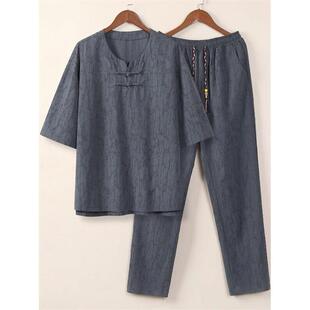 大码 t恤男式 松扣唐装 男式 中国风夏季 中国风上衣套装 纯棉褶皱短袖