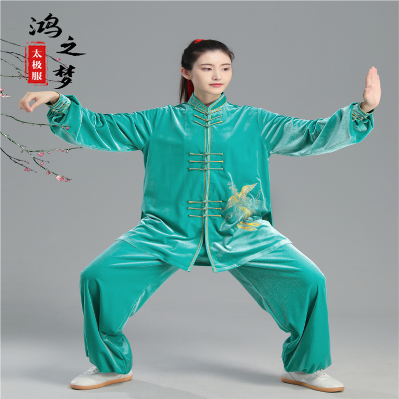 太极服女南韩绒秋冬加厚新款凤凰图案服装练功表演太极拳练功套装