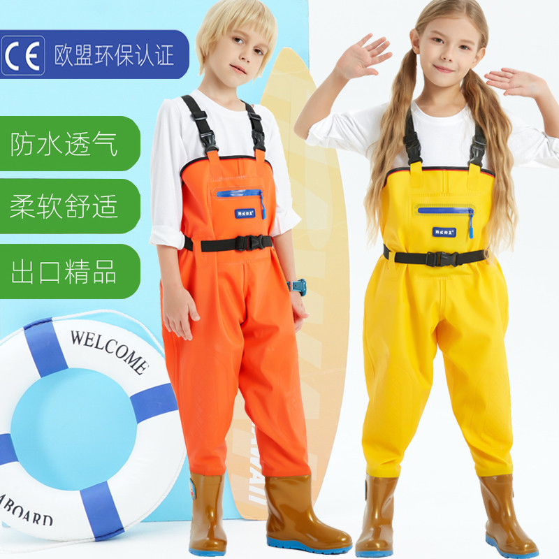 儿童玩水连体下水裤幼儿园防水衣服赶海装备摸鱼男女沙滩半身雨裤