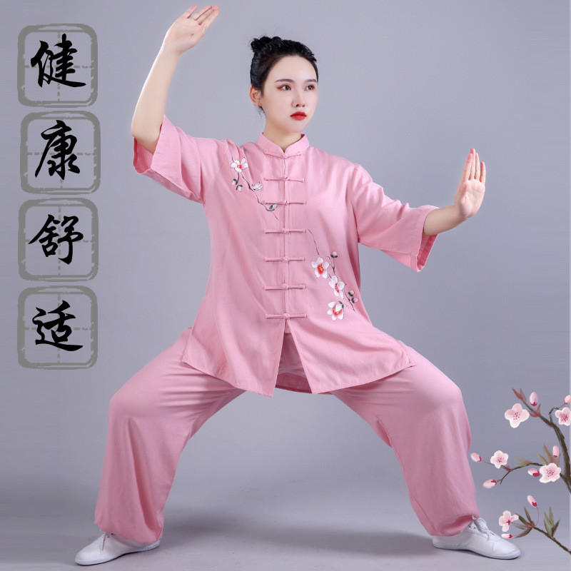 夏季新款太极服女短袖印花棉麻透气武术服中老年太极拳表演服中式