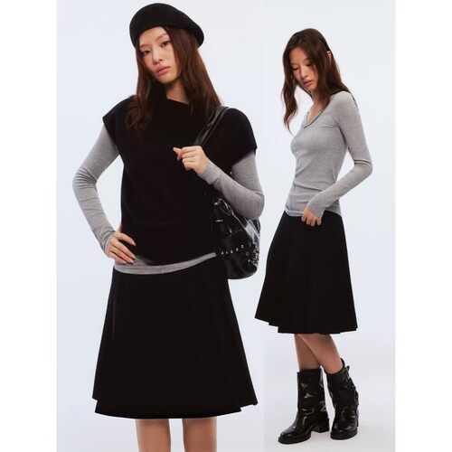 拾月 高级感黑色半袖针织衫马甲女秋冬叠穿长袖打底上衣两件套