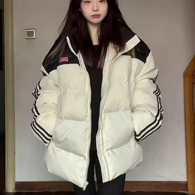 大码美式复古拼接条纹羽绒棉服女冬季新款街头情侣加厚面包服外套