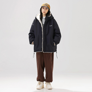 冬季连帽双面穿羊羔绒棉服男款潮牌户外保暖棉袄羊羔毛加厚外套