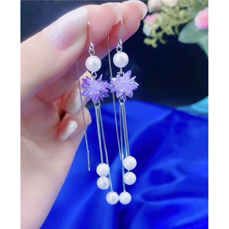 银耳环9999纯紫色水晶冰花