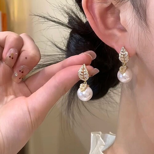 银耳环9999纯银微镶锆石叶子珍珠耳钉轻奢高级感百搭气质耳坠小众
