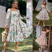 neck for long Square sleeved dress women女士方领长袖 连衣裙