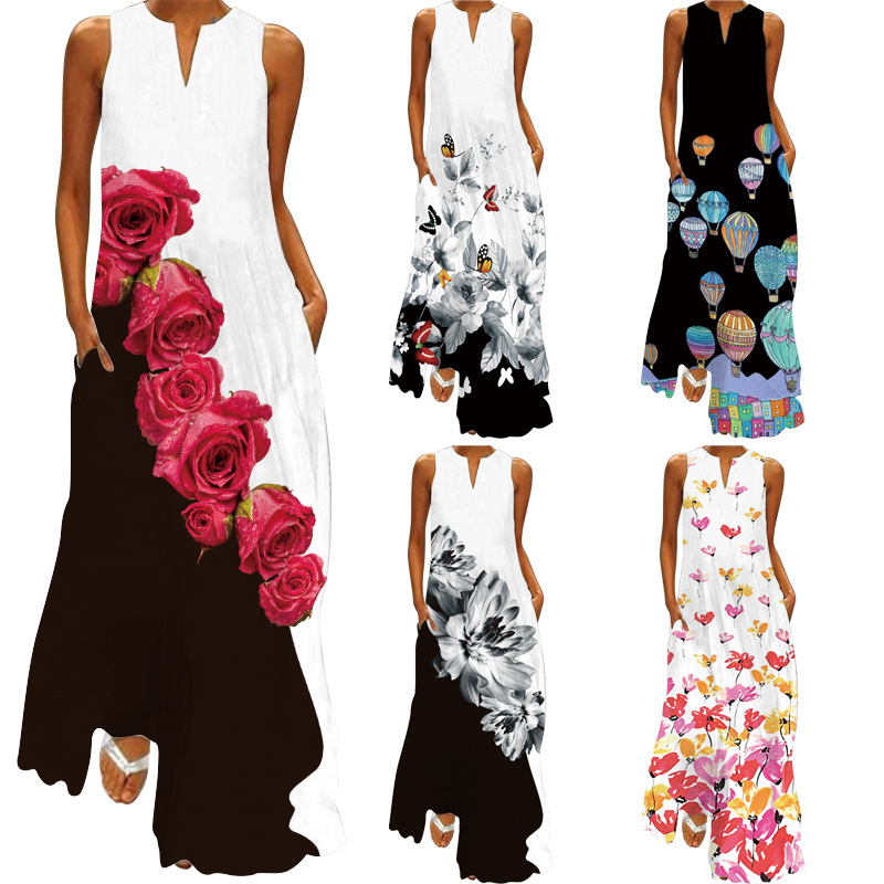 V-neck printed emerald flower dress  女士v领印花翠花连衣裙