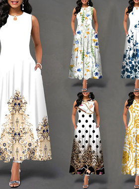 Printed sleeveless long dress for women印花无袖长连衣裙女