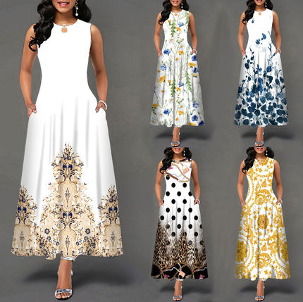 Printed sleeveless long dress for women印花无袖长连衣裙女