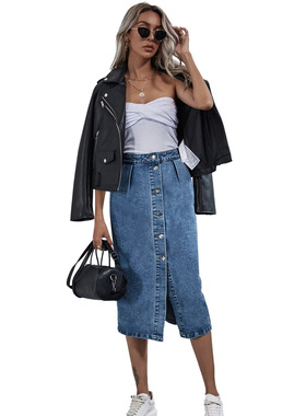 High waisted single breasted denim skirt高腰单排扣牛仔裙女