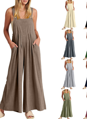 Solid color loose strap jumpsuit for women纯色宽松背带连体裤