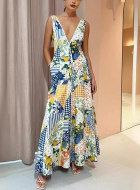 V-neck beach sexy printed dress for womenV领沙滩印花连衣裙女