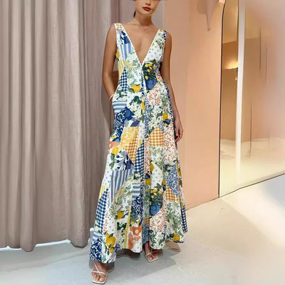 V-neck beach sexy printed dress for womenV领沙滩印花连衣裙女
