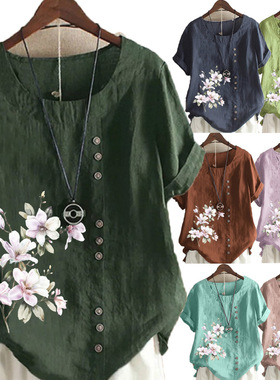 Printed loose fitting shirt with short sleeves印花衬衣短袖