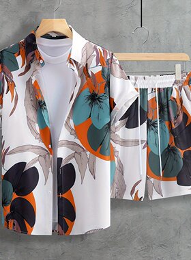 Casual lapel shirt and shorts set for men休闲衬衫短裤套装男