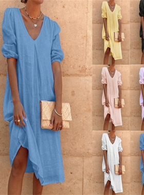 Women's solid color casual jumpsuit long skirt纯色休闲连衣裙