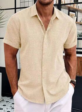 Solid color short sleeved cotton linen shirt纯色短袖棉麻衬衫
