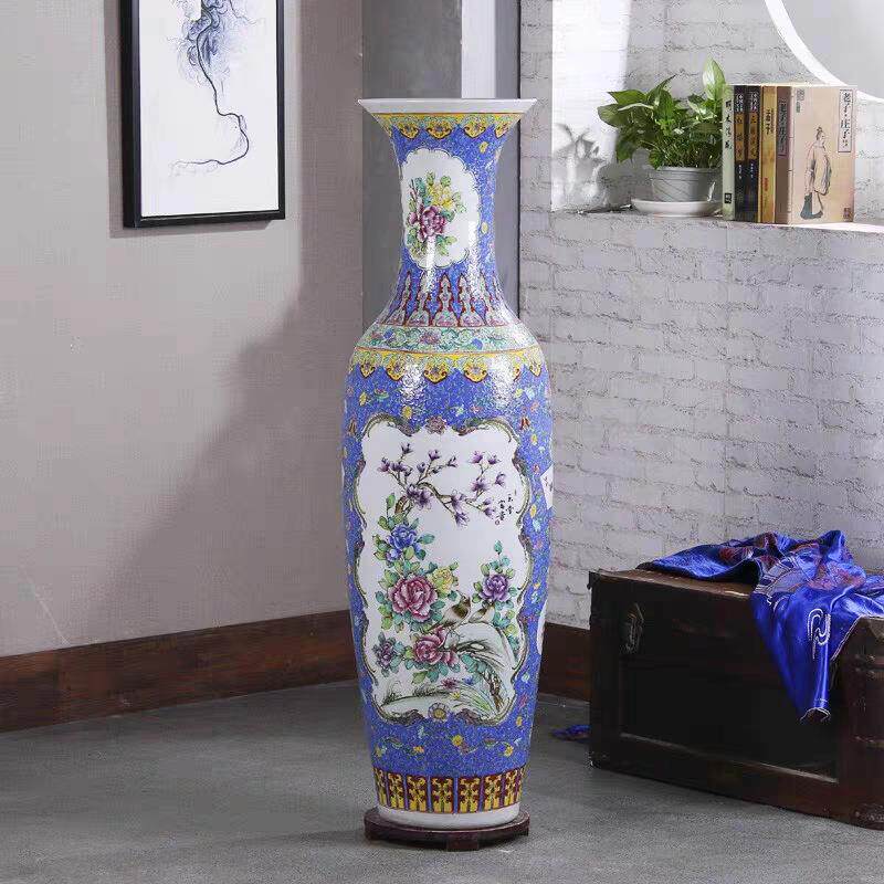 手绘粉彩陶瓷落地大花瓶摆件景德镇瓷器复古中式酒店玄关装饰礼品