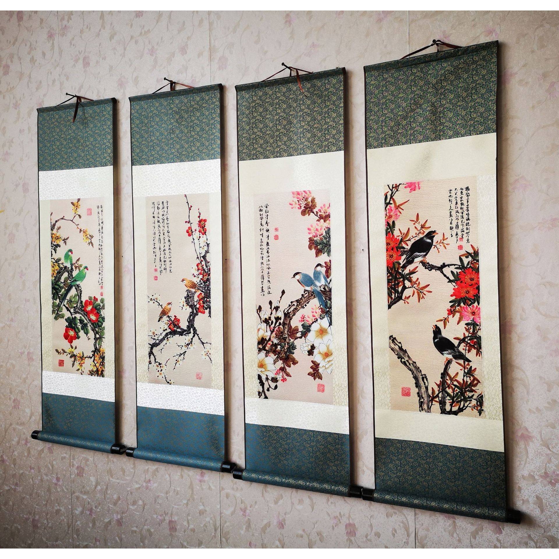 工笔花鸟四条屏 装饰画 挂画 国画 工艺画 丝绸画卷轴画 挂画制作