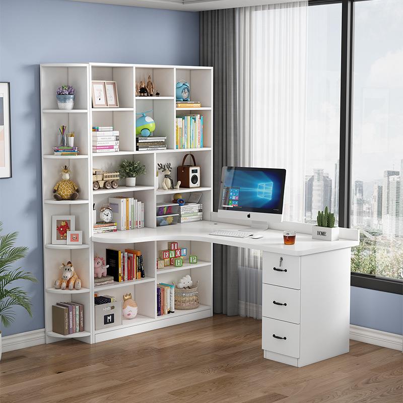 转实木架角电脑桌书桌书组合台写字桌JQN带书柜家用儿童卧室学式