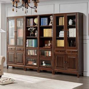 实木美式书柜房带门书家具套装组合书架落地带玻全璃置物dsg柜门