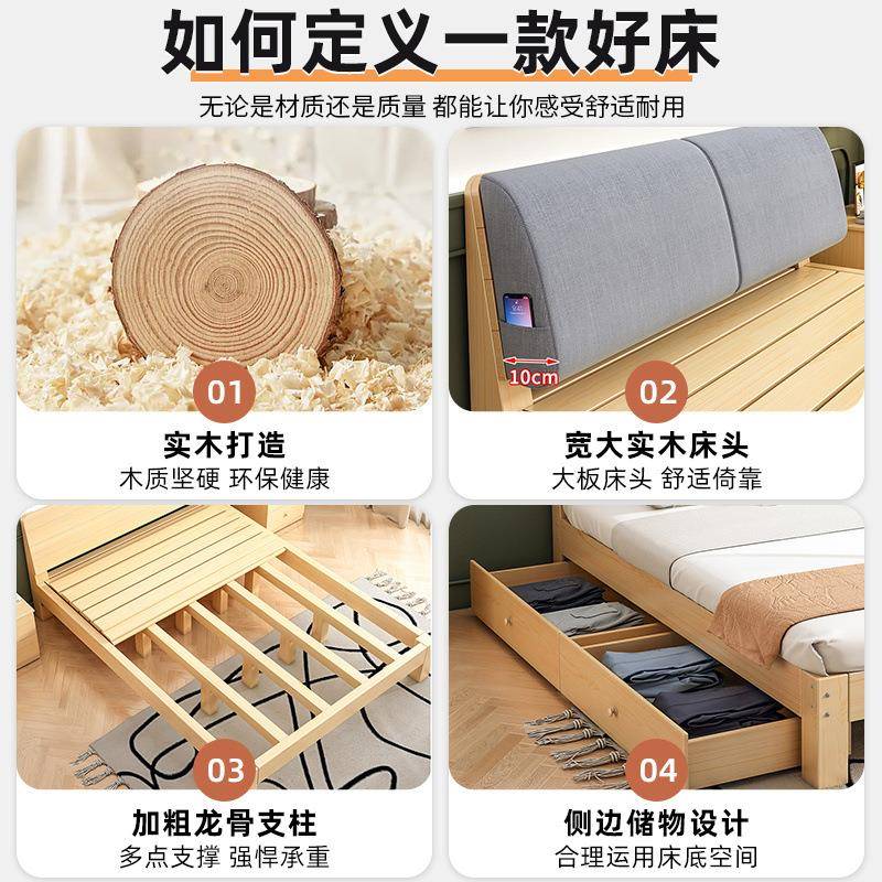 实木床2米双人人.8米大床m单床1.5用简易木板床1床出租屋见详情1