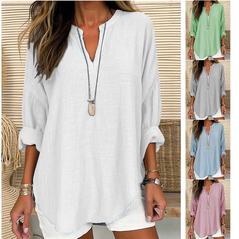 V-neck solid color long sleeved top for womenV领纯色长袖上衣
