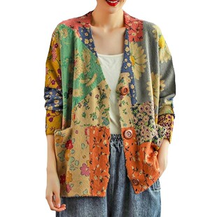 long sleeved loose 开衫 printed cardiganV领印花长袖 女 neck