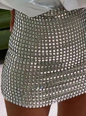 Solid color slim fit mesh sequin short skirt修身网格亮片短裙