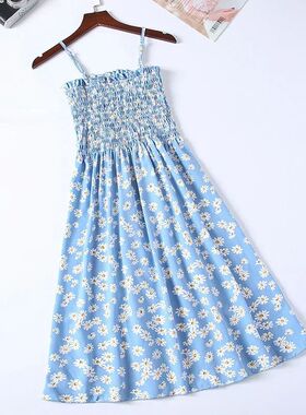 Casual camisole floral loose dress女士休闲吊带碎花收腰连衣裙