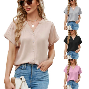 neck loose cardigan Solid 宽松开衫 top纯色V领短袖 上衣 color