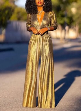 Solid color high waisted V-neck jumpsuit 纯色高腰V领连体裤女