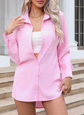 Collar solid color loose button shirt 翻领纯色宽松系扣衬衫女