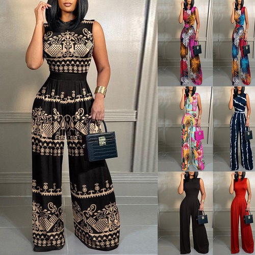 Waist printed sleeveless jumpsuit pants 收腰印花无袖连体长裤