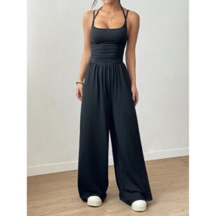 leg Wide loose jumpsuit suspenders 吊带阔腿宽松连体裤 with 女