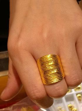 黄金宽戒指女款新款色复古民族风首饰面三金时简简约百搭食指戒