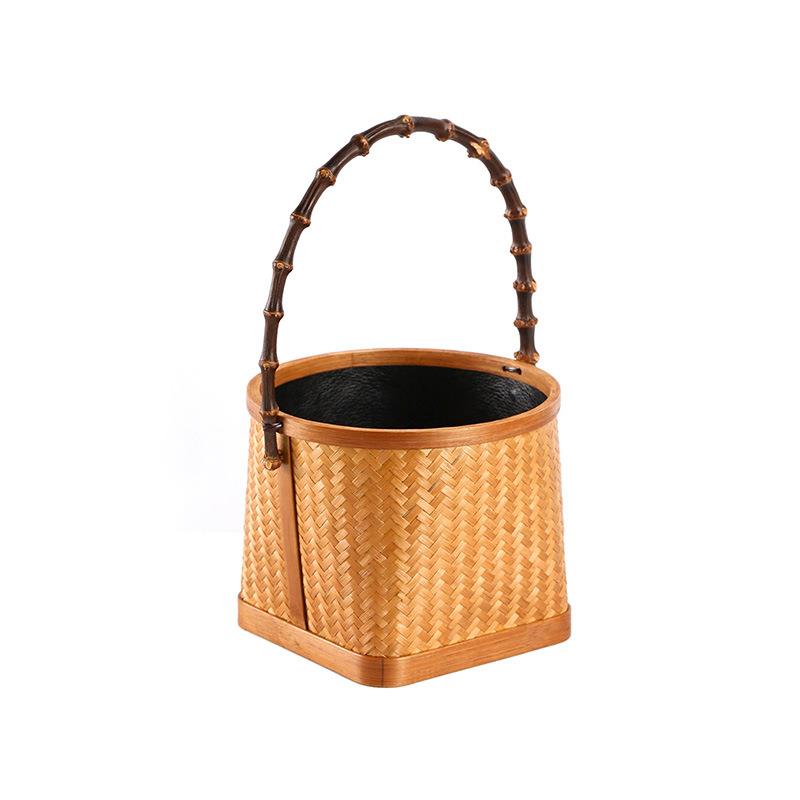 煮茶大漆竹编碳篓提篮竹碳斗灰篓煮茶橄榄娄炭笼茶道茶具配件收纳
