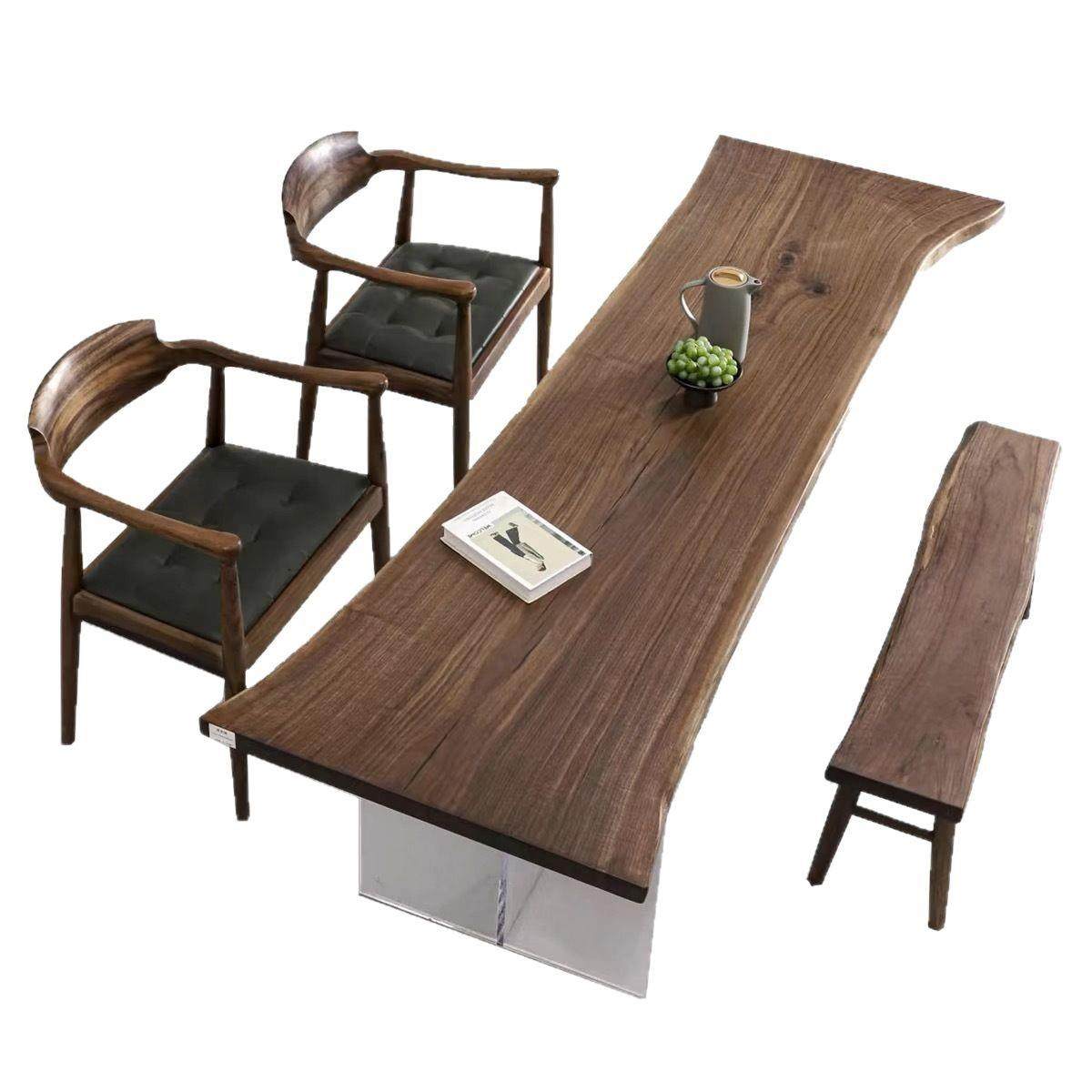 北美黑胡桃木实木大板整板茶桌侘寂风极简悬浮岛台轻奢亚克力餐桌