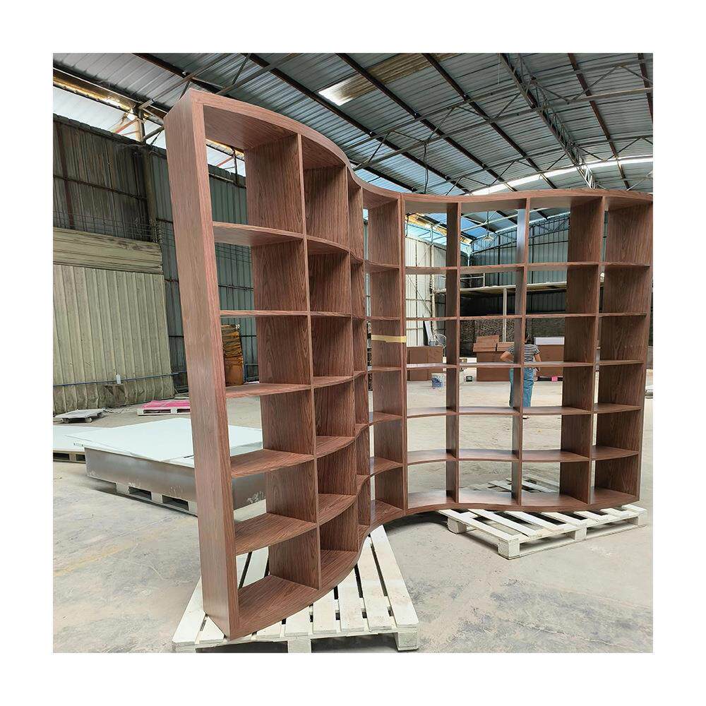 复古风弧形书柜木纹异形家用多层书柜设计定制图书馆专用展示柜