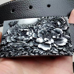 牡丹花纯银腰带扣皮带扣头 999足银男银扣头 头手工定做平滑扣