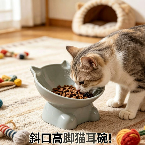 北欧风宠物碗高脚斜口护颈猫碗跪