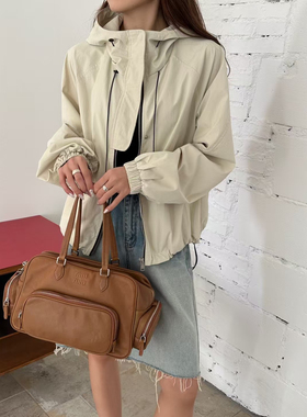 东大门韩系连帽休闲宽松简约纯色冲锋衣外套工装设计百搭上衣女