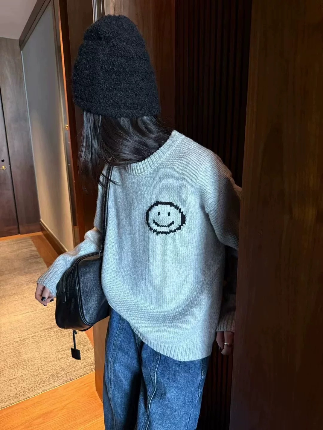 sevenmeter韩系正品百搭显瘦圆领长袖笑脸针织开衫女舒适