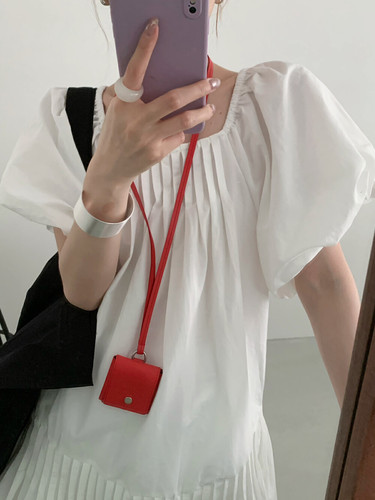 sevenmeter韩系正品百搭显瘦方领褶皱连衣裙女中长裙E3393