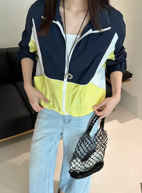 韩版正品77066小个子百搭显瘦拼色立领拉链外套女