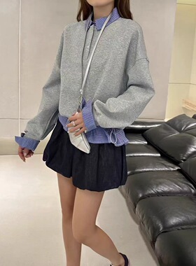 东大门韩系正品百搭显瘦翻领长袖卫衣女舒适77006